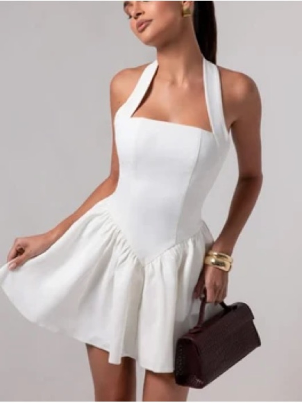 White Halter Mini Dress with Flared Skirt